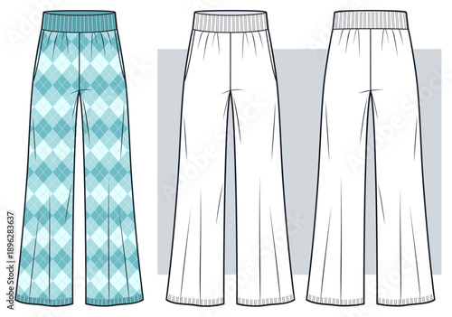 Women Wide Leg Pants Technical Flat Sketch. Knit Palazzo Pants Fashion Flat Technical Drawing Template, elastic waistband, turquoise argyle pattern, front and back view, white, women cad mockup set.