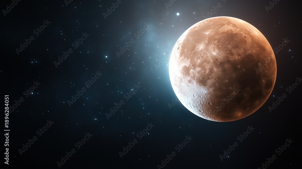 Fototapeta premium Realistic Moon glowing in the vast expanse of the starry night sky, celestial body, space exploration
