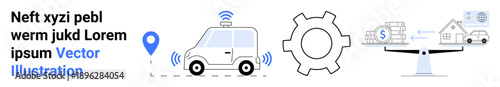 Autonomous car with GPS locator, gear representing system integration, and scales balancing costs and savings. Ideal for AI innovation, smart tech, GPS, IoT, equity, automation simple landing page