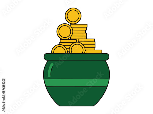 Green pot filled with gold coins representing wealth, treasure, prosperity and st. patrick's day folklore symbol of luck and fortune