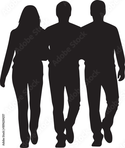 Group of three people walking together, vector illustration of friendship and support, diverse individuals in unity, people vector art