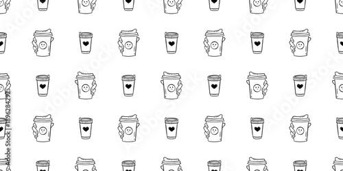 Vector seamless pattern with hand drawn takeaway coffee cup and hand holding cup on white background. Cute black and white doodle drink texture for cafe branding, packaging, textile design.
