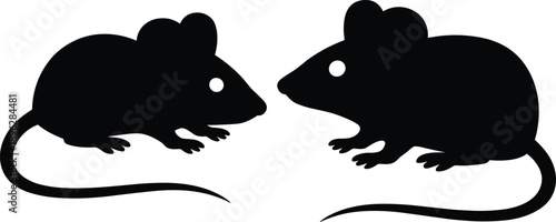 Black mouse silhouettes, rodent animal icons, simple rat shapes, pest control symbols, wildlife mammal vector illustration isolated white