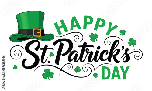 Festive st. patrick's day greeting with leprechaun hat, shamrocks and decorative swirls celebrating irish holiday tradition and culture