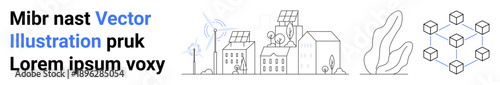 Renewable energy, sustainability, eco-friendly solutions, green infrastructure, smart technology, blockchain. Solar panels on buildings, wind turbines and a blockchain diagram. Renewable energy