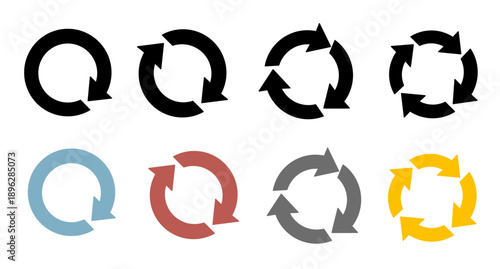 Set of circular arrows icons in various colors and stages representing refresh, reload, rotation, recycling, and continuous process loops