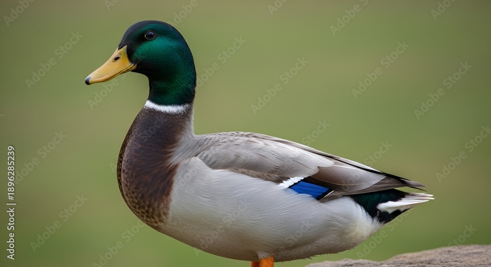 Obraz premium Majestic Mallard Duck with Iridescent Green Head and Brown Body Standing Proudly on a Rocky Shoreline
