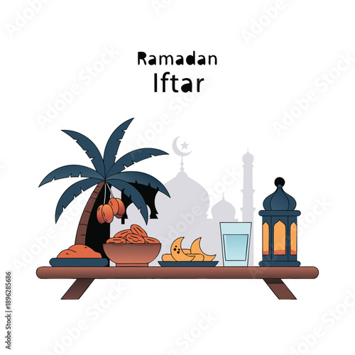 A charming illustration showcases a Ramadan Iftar table with a palm tree, dates, drinks, and a decorative lantern against a mosque silhouette.