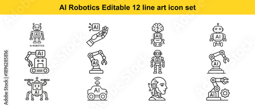 AI robotics editable line art icon set with various machines