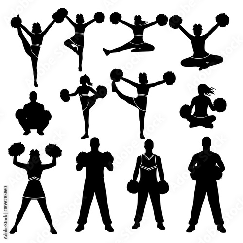 Cheerleader silhouette vector set with classic cheer poses on white background