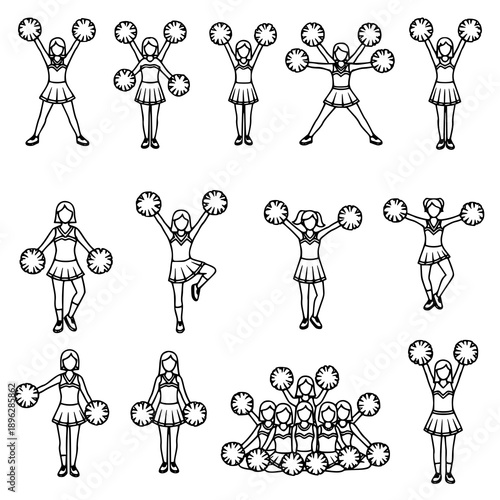 Cheerleader pom pom silhouette vector icons cheering sports illustration