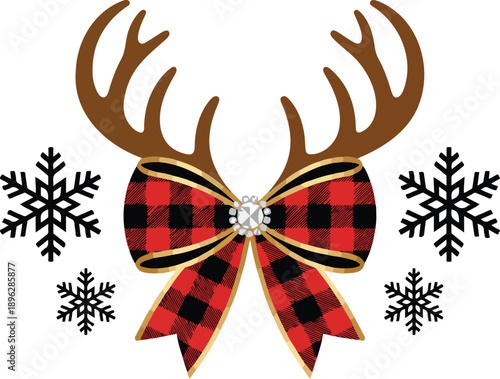 Rustic Glam Christmas Vector Reindeer Antlers with Plaid Bow