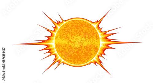 Vibrant illustration of sun with fiery rays emanating from its center in a stark environment viewed directly