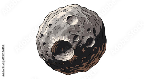 A detailed illustration of a cratered asteroid with a large hole, viewed from a close-up perspective in outer space environment.