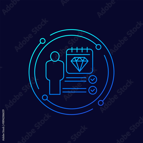 reward schedule icon with calendar and worker, linear design