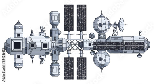 Detailed illustration of a space station with modules and solar panels in orbit around the Earth from a distant viewpoint