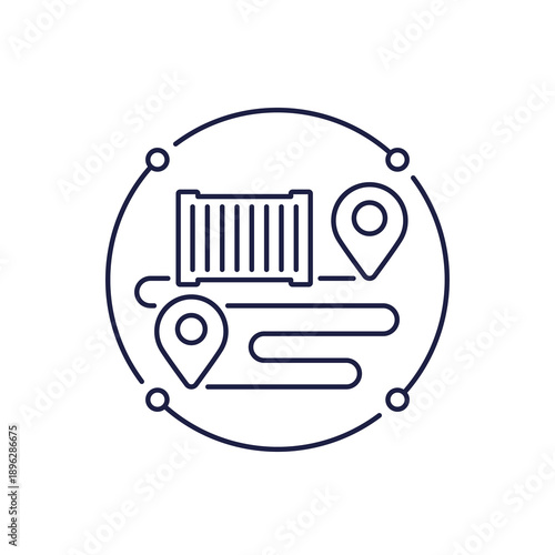 Shipping container icon with route in line design
