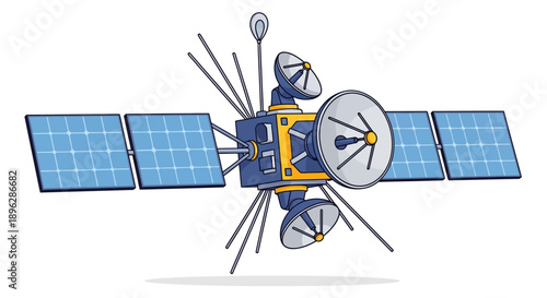 Satellite orbiting the Earth with solar panels and antennas deployed in space