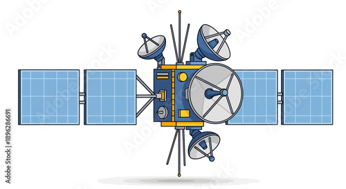 Satellite with solar panels and antennas orbiting the Earth, viewed from above in a digital illustration