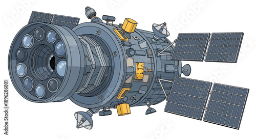 Spacecraft orbiting the Earth with solar panels and communication equipment visible from a distant viewpoint