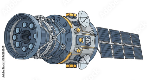 Spacecraft illustration showcasing satellite technology and solar panels in orbit around the Earth from a distant viewpoint
