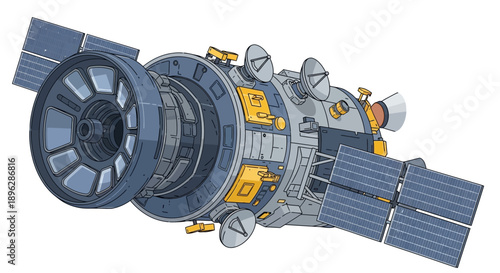 Space Station Illustration Depicting Modules and Solar Panels in Orbit Around Earth