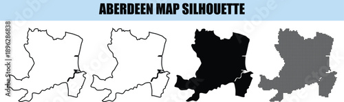 Aberdeen map silhouette vector collection with solid black and outline versions for scottish city geography information