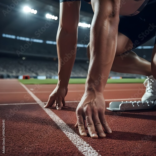 육상 트랙 위 뛰기 전 준비하고잇는 사람 자세the position of a person who is preparing before running on a track
