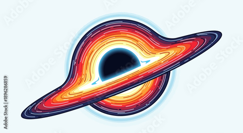 Vibrant illustration of a black hole with swirling ring of red and orange hues from a close-up viewpoint