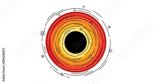 Detailed illustration of a black hole with red, orange, and yellow concentric rings surrounding it, viewed from directly above