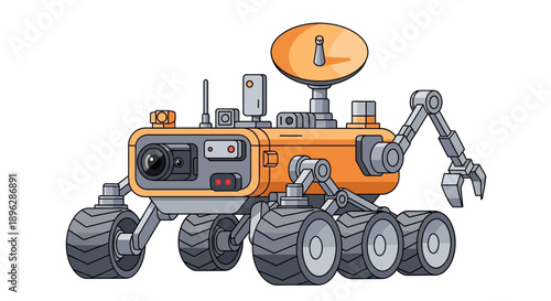 Illustration of robotic rover exploring planetary surface with mechanical arm and camera equipment