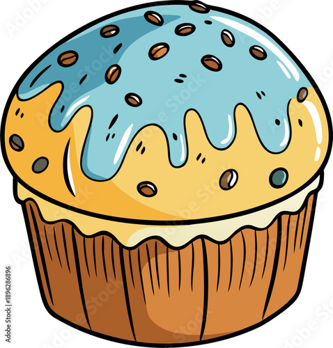 Round raisin muffin with icing. vector sketch new stock illustration . white background 