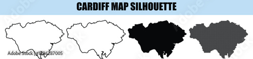 Cardiff map silhouette vector icons including solid and stippled versions for welsh capital city geographic branding