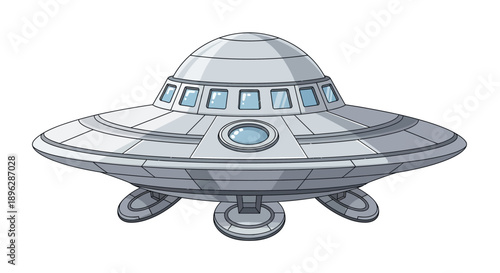 A futuristic silver spaceship with metallic details and blue-tinted windows is viewed from the front against a plain background.