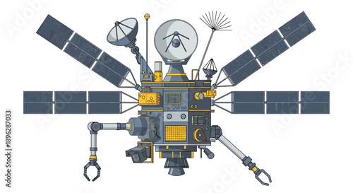 Satellite spacecraft orbiting Earth with solar panels and antennas deployed in space