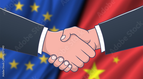 Vector political and economic banner. Wavy blurred flags of European Union and Peoples Republic of China. Finance, business and trade agreement. Handshake and deal