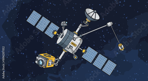 Satellite orbiting Earth with solar panels and antennae in deep space viewed from above