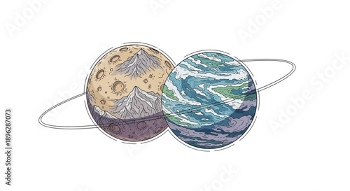 Illustration of two planets side by side, one with mountains and craters, the other with oceans and landmasses, surrounded by a ring, viewed from space