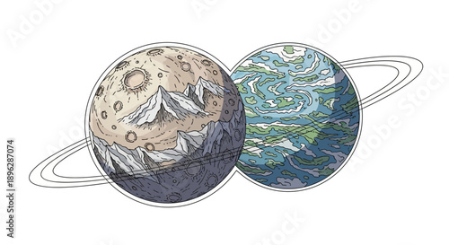 Illustration of two planets with distinct surface features and ring system viewed from space