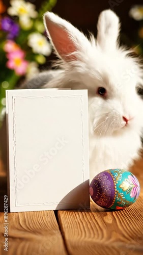 White rabbit looks at empty card beside colorful egg. Scene features flowers and wooden table outdoors in spring. Concept of greeting cards, Easter celebration, party planning