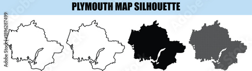 Plymouth map silhouette outline solid dotted representations and white filled shape for design