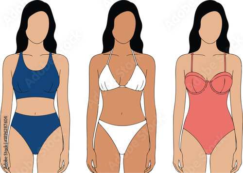 Women Swimwear Flat Vector Set Bikini, Tankini, and One-Piece Styles
