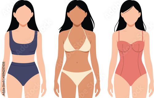 Women Swimwear Flat Vector Set Bikini, Tankini, and One-Piece Styles