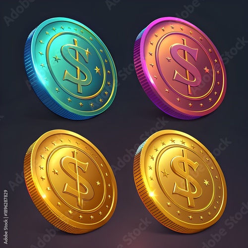 Colorful Glowing Dollar Coins Set in Neon Style, Digital Finance, Cryptocurrency and Modern Money Concept on Dark Background.