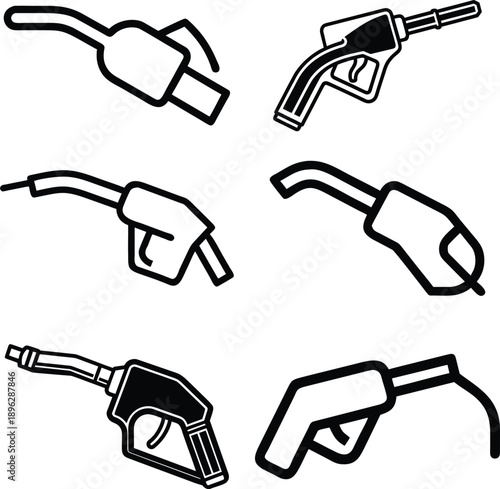 Gas pump nozzle icon set representing fuel station equipment and energy industry symbols for automotive and transportation needs