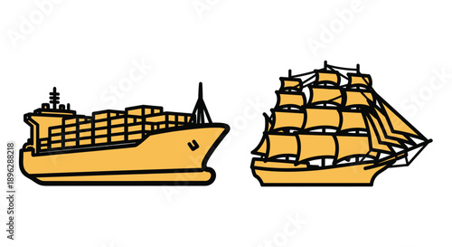 Cargo ship and sailing vessel depicted in a bold silhouette