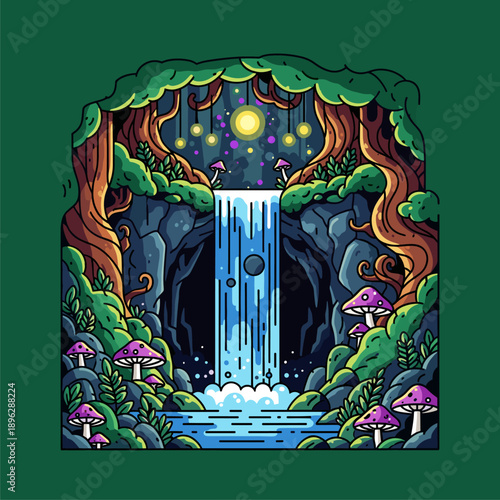 Whimsical Enchanted Forest Grotto with Magical Waterfall, Glowing Mushrooms, and Moonlit Cave Entrance