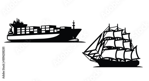 Cargo ship and sailing vessel depicted in black a striking silhouette
