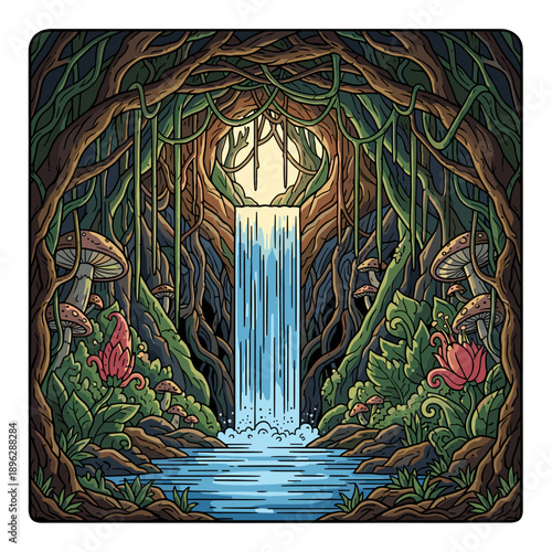 Enchanted Jungle Waterfall Grotto with Ancient Roots, Lush Foliage, and Fantasy Mushrooms - Cartoon Illustration