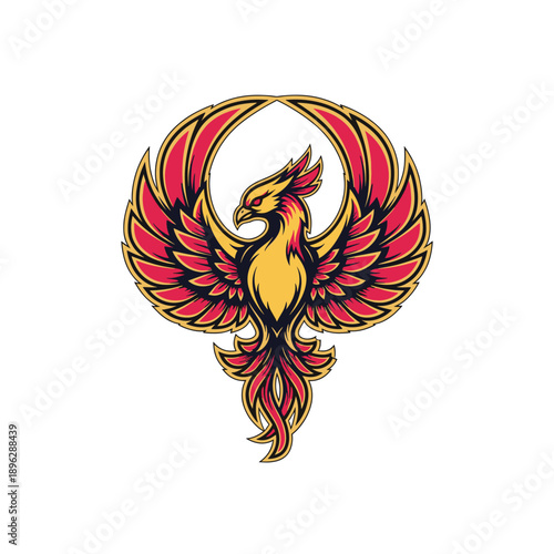 Vibrant Phoenix Emblem Logo Design with Fiery Red and Golden Wings, Symbolizing Rebirth and Power, Stylized Vector Illustration
